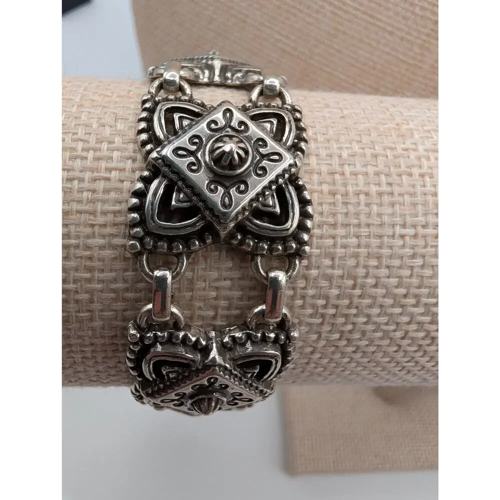 Brighton Ornate Silver Tone Link Bracelet Tribal Bohemian Style Box Clasp 7 Inch